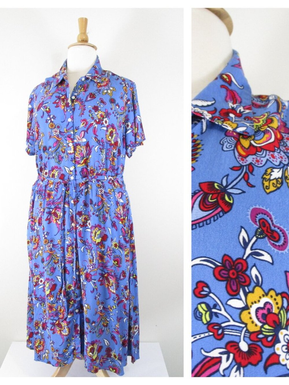 Talbots Plus Size Blue Yellow Red Floral A-Line Button Down Shirt Dress Size 20W